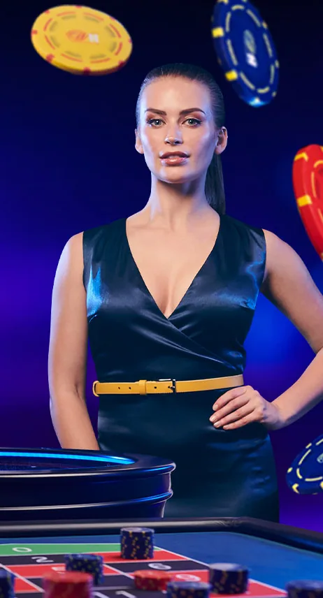 Live roulette dealer with casino chips from William Hill Vegas